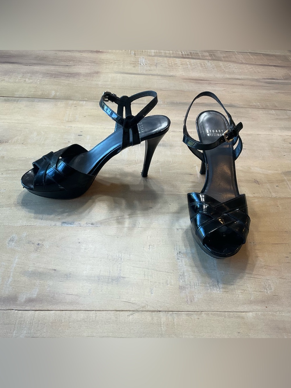 Stuart Weitzman Black Patent Leather High Heel Sandals with Platform